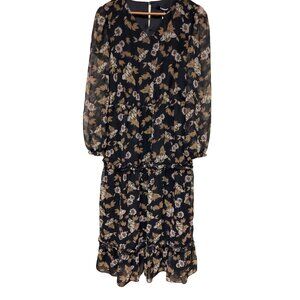 Towowge Black Gold Floral Midi Tiered V-Neck Dress Women's Size Small NEW
